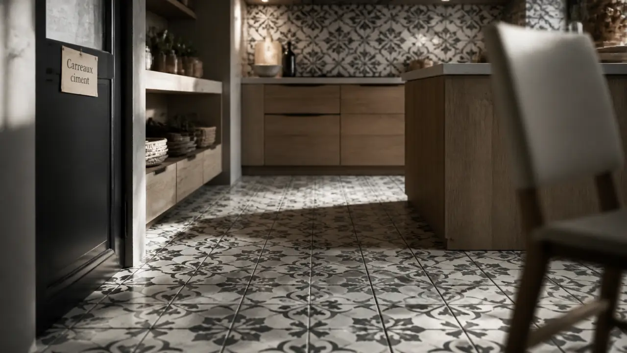 Carreaux de ciment noir et blanc au sol de cuisine, contraste graphique