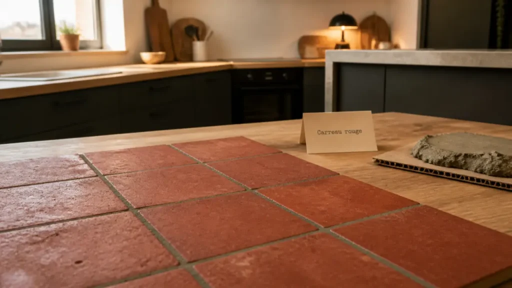 Carreaux de ciment rouge sur crédence, cuisine moderne