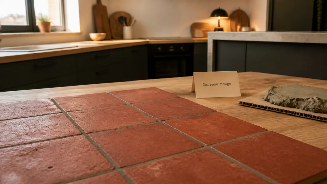 Carreaux de ciment rouge sur crédence, cuisine moderne