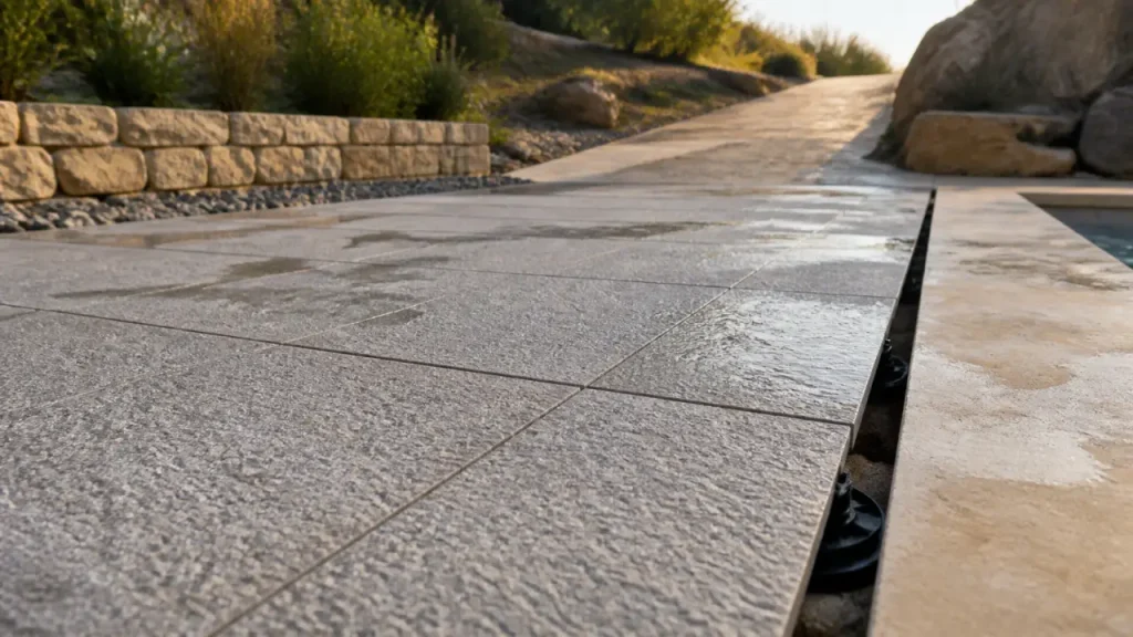 Carrelage extérieur 2 cm sur plots réglables, rendu drainant pour terrasse