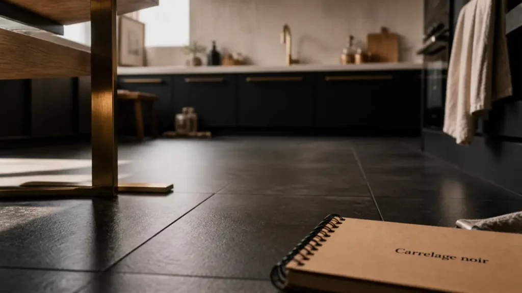 Carrelage noir sol mat : joints anthracite et grands carreaux