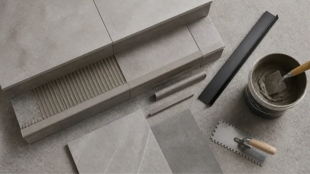 Carrelage pour escalier extérieur avec nez de marche antidérapant en grès cérame