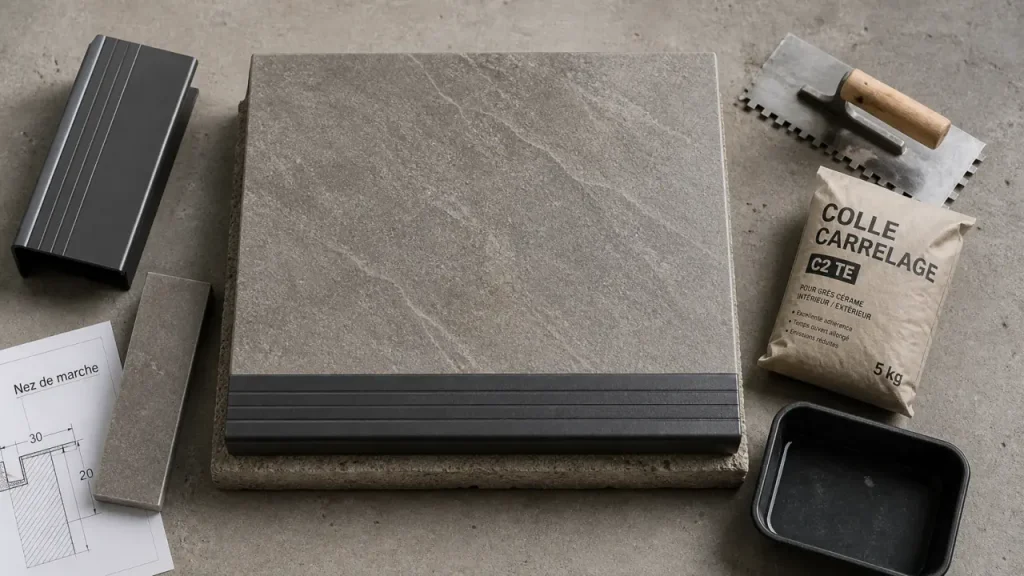 Carrelage pour escalier exterieur : nez de marche antidérapant R11 et grès cérame