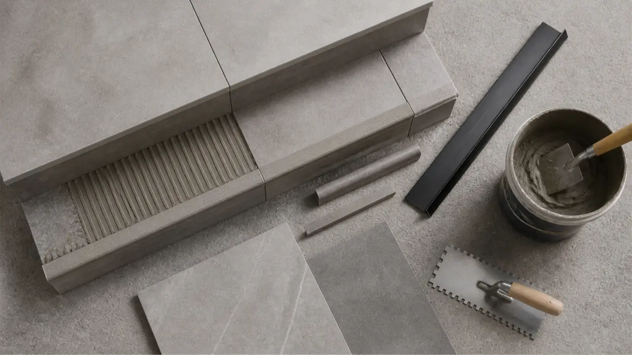 Carrelage pour escalier extérieur avec nez de marche antidérapant en grès cérame