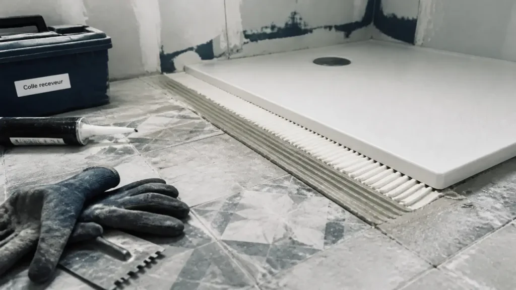 Colle receveur douche pour pose étanche, cordons de colle polymère sur receveur en résine
