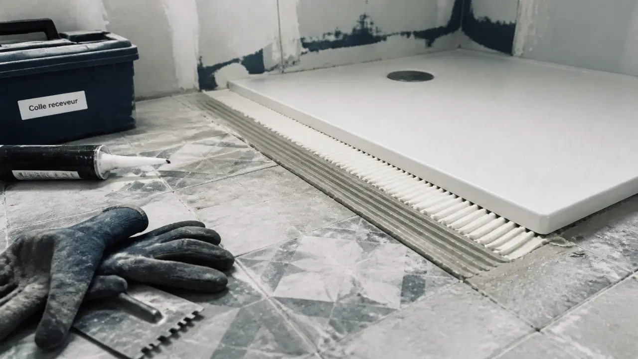 Colle receveur douche pour pose étanche, cordons de colle polymère sur receveur en résine