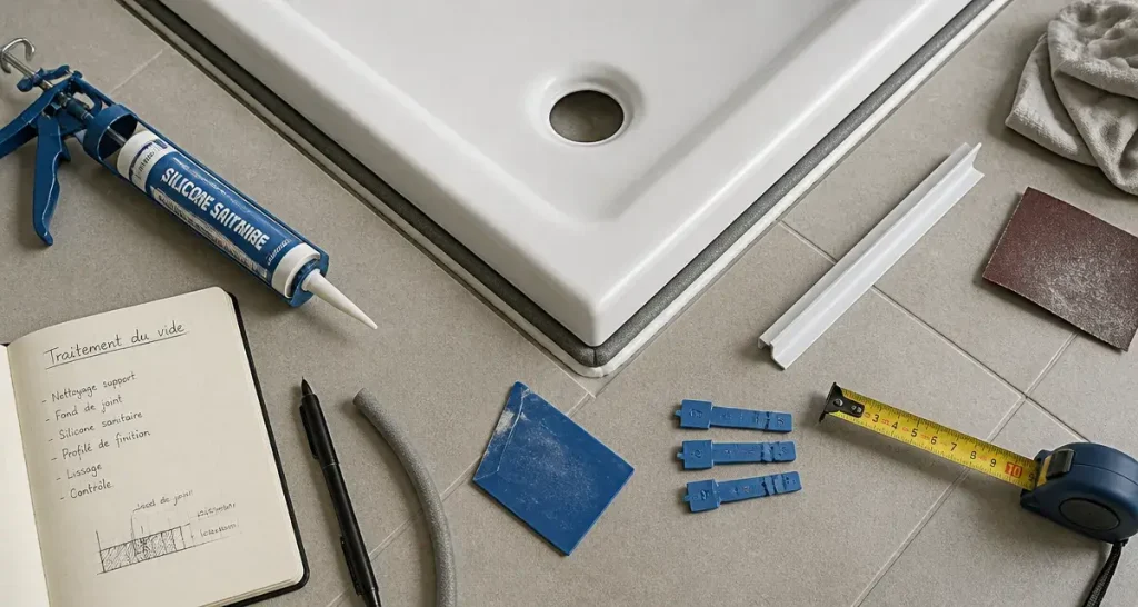 Combler l’espace entre receveur et sol avec joint mousse et silicone sanitaire.