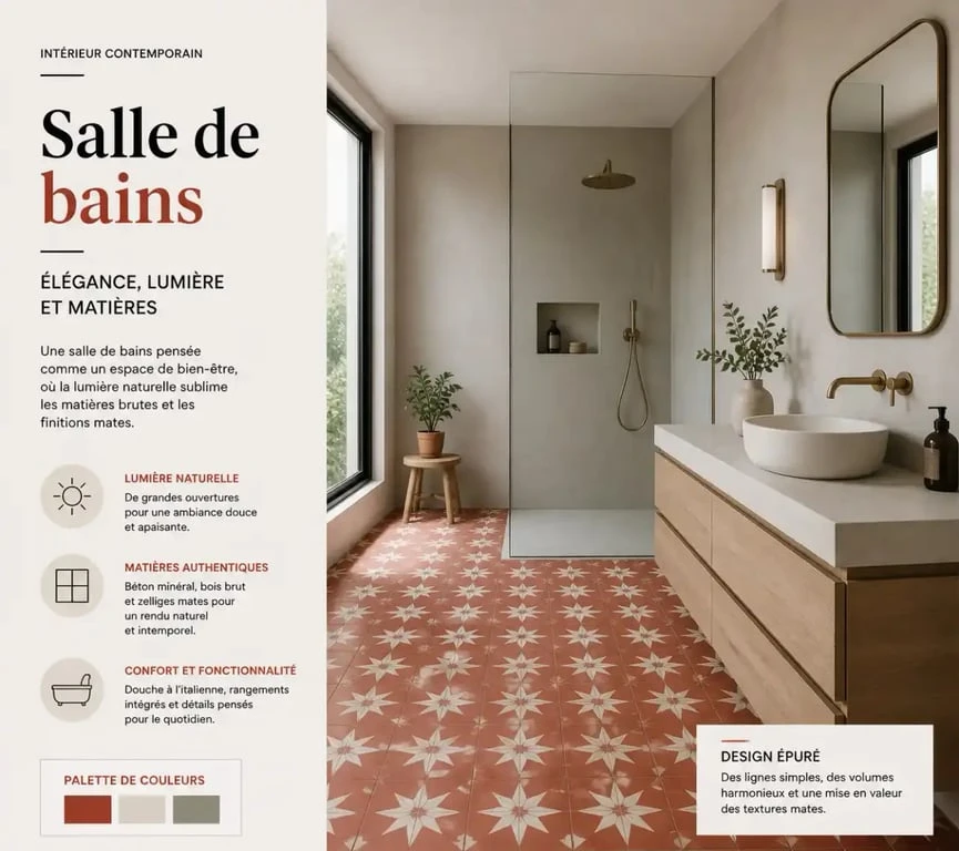 Sol de salle de bains en carreaux de ciment rouge