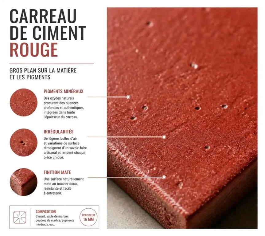 Détail de la texture d'un carreau de ciment rouge