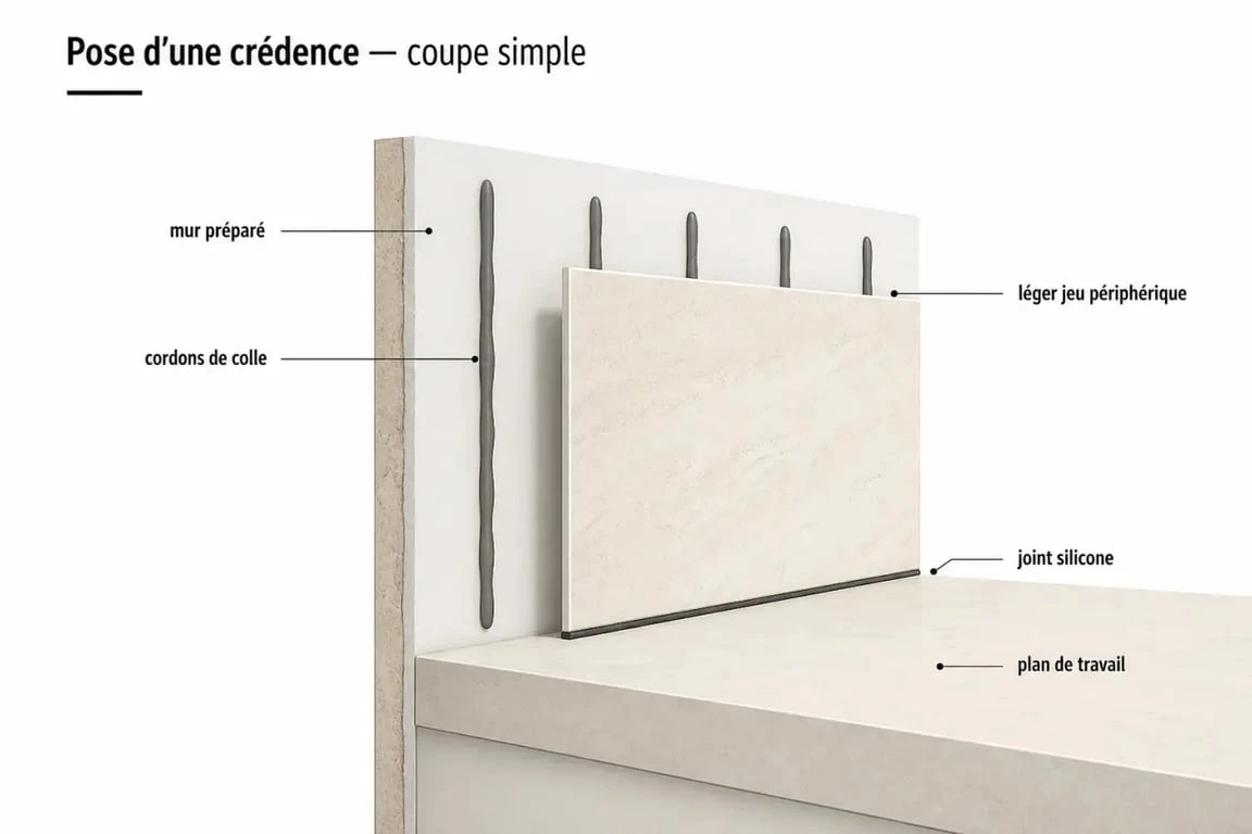 Colle pour credence cuisine : schéma de pose avec cordons de colle, jeu périphérique et joint silicone