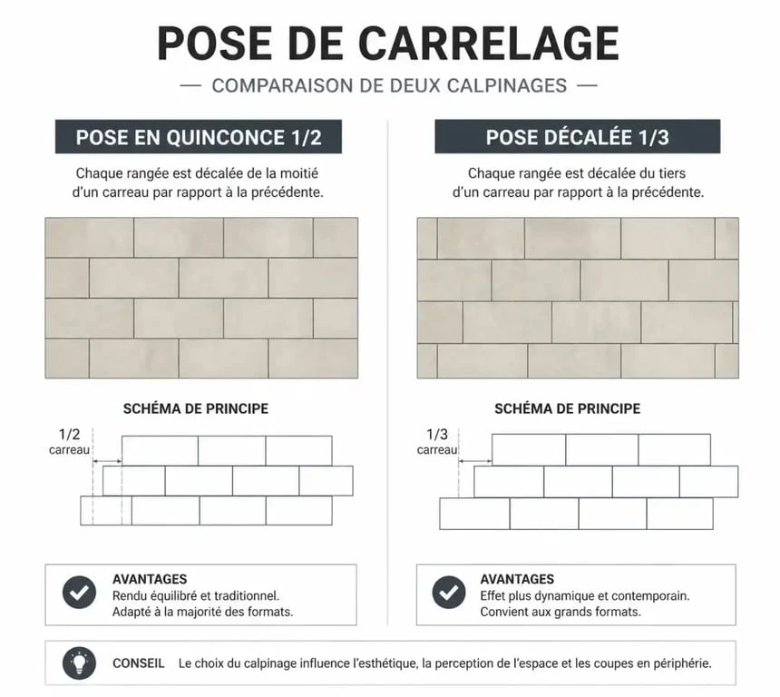 Comparatif visuel entre la pose carrelage en décalé 1/2 et 1/3