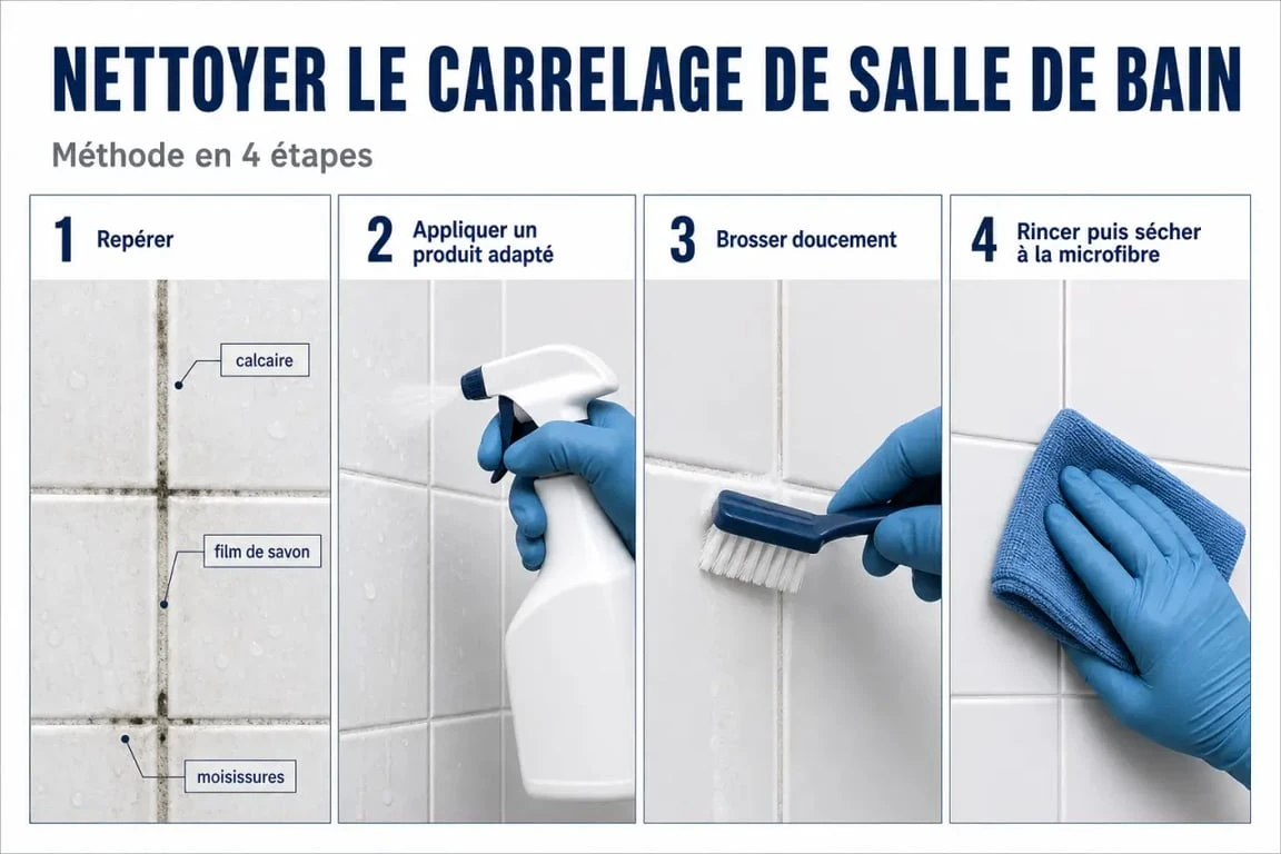 Nettoyage carrelage salle de bain : étapes pour enlever calcaire, savon et moisissures