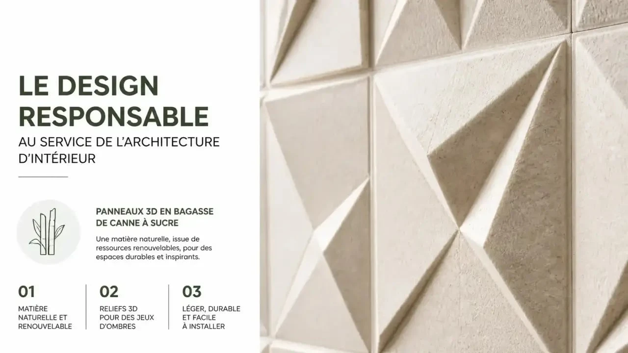 Habillage mur interieur moderne avec des panneaux 3D en fibre de canne à sucre