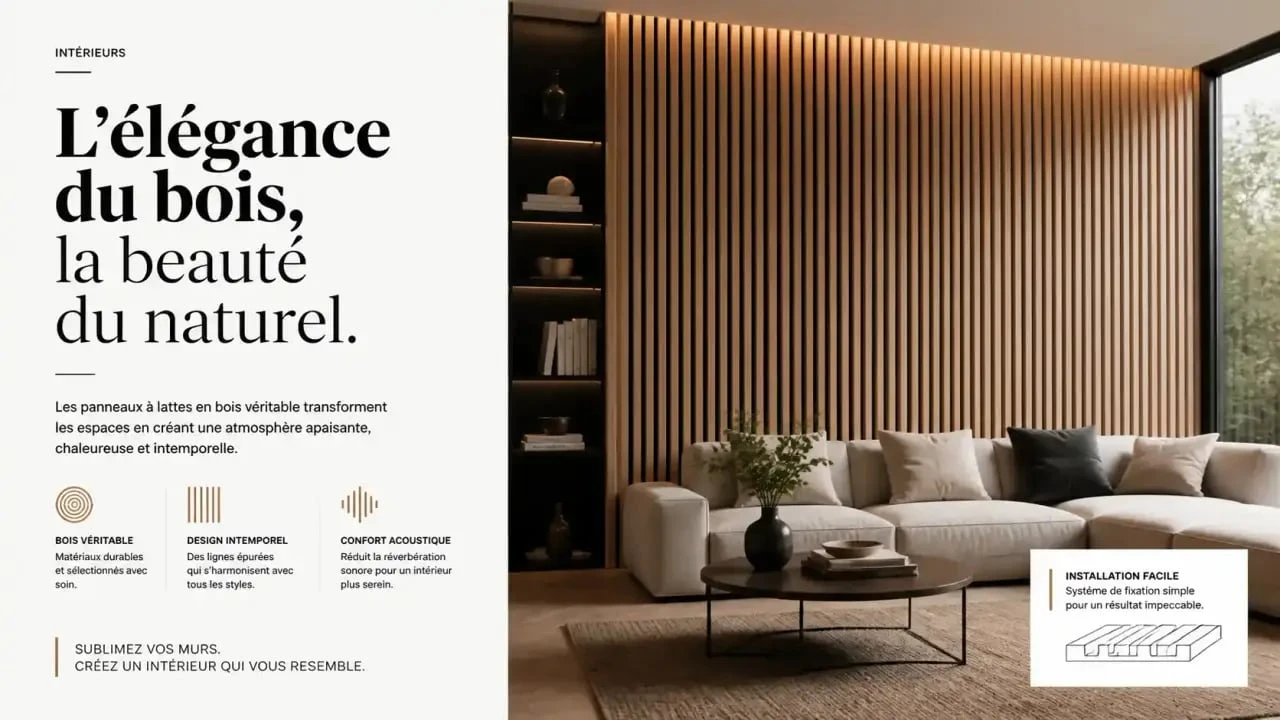 Habillage mur interieur moderne avec des lattes de bois dans un salon contemporain