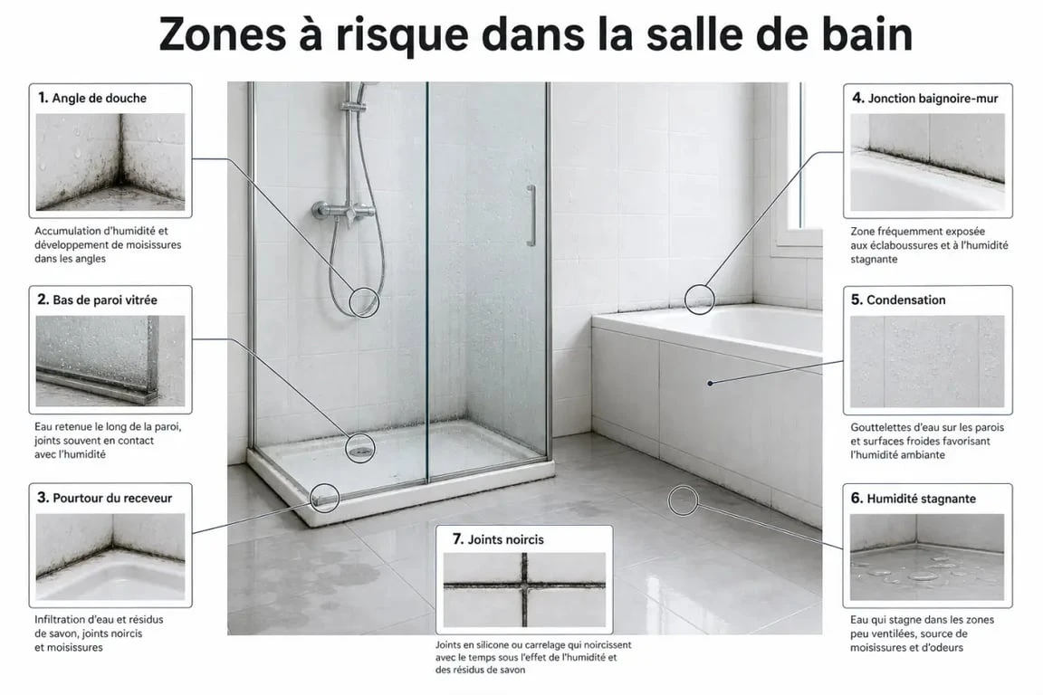 Joints salle de bain noircis : zones à risque dans la douche et autour de la baignoire