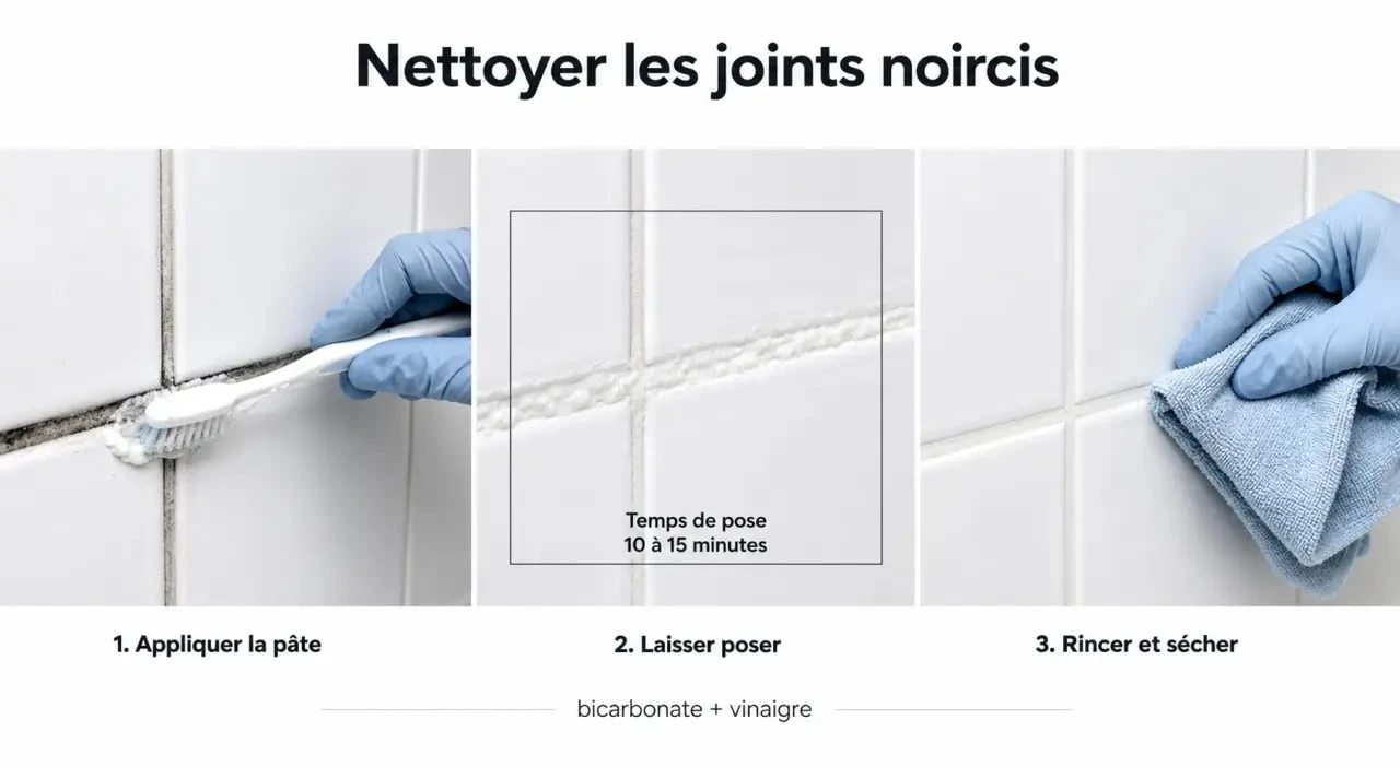 Joints salle de bain noircis : nettoyage étape par étape avec bicarbonate, vinaigre, brosse à dents et chiffon microfibre
