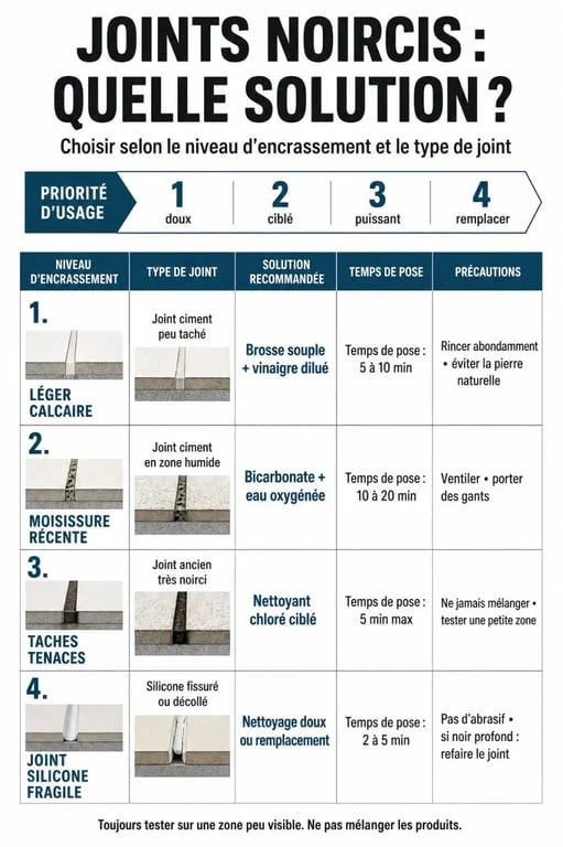 Joints salle de bain noircis : comparaison visuelle des produits selon le niveau d’encrassement et le type de joint