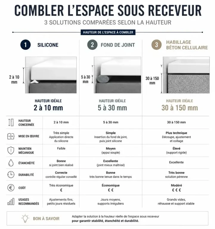 Tableau comparatif des solutions pour combler espace entre receveur et sol