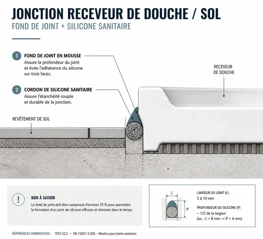 Schéma de coupe pour combler l'espace entre receveur et sol avec fond de joint et silicone
