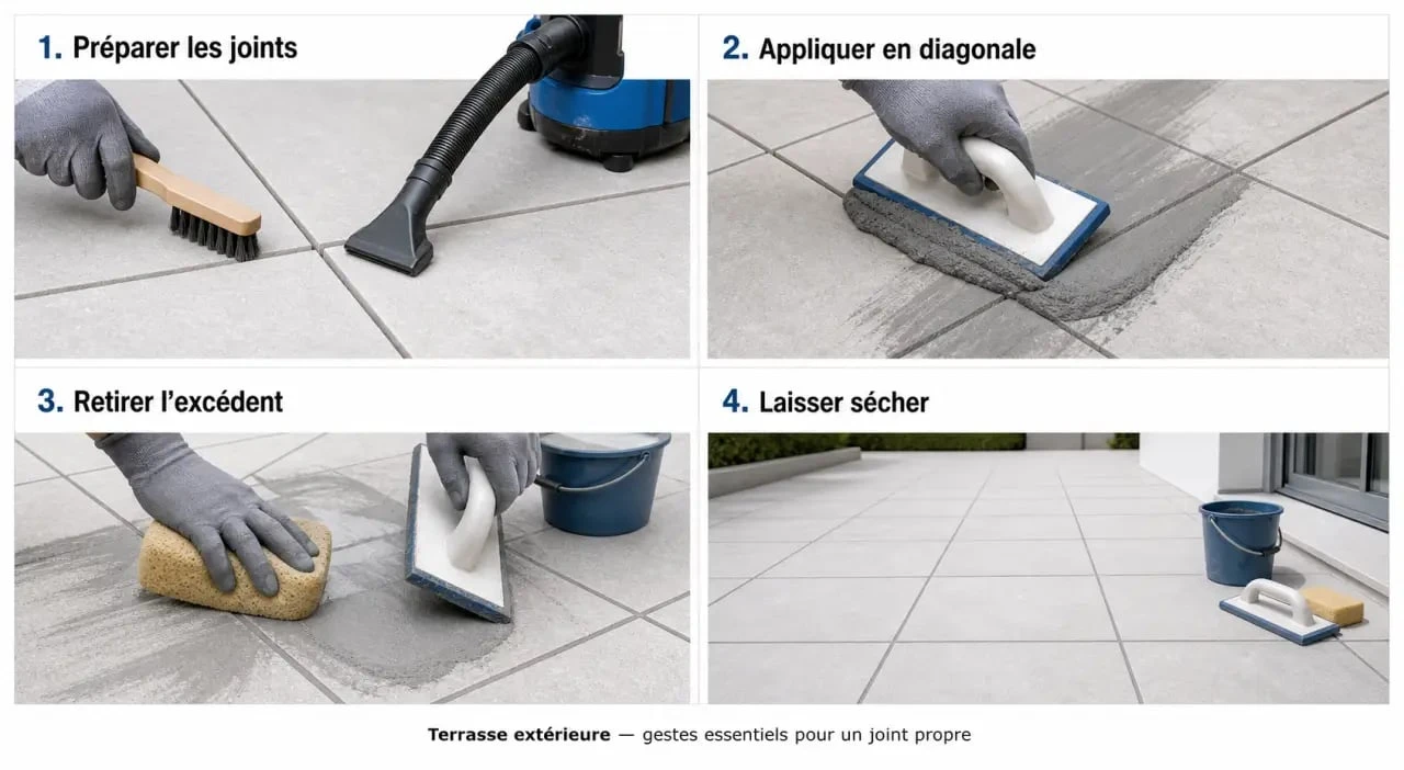 Pose d’un joint de carrelage extérieur sur terrasse en quatre étapes