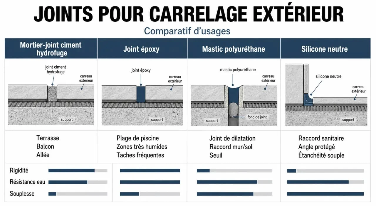 Comparatif des types de joint de carrelage extérieur selon l’usage et l’exposition