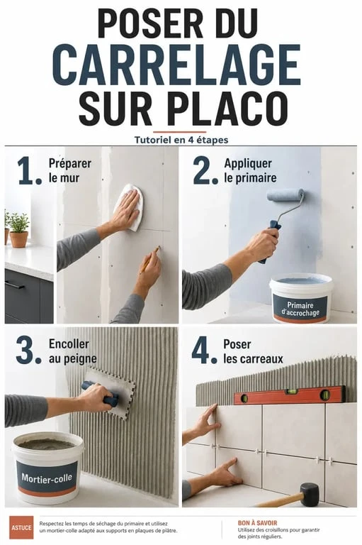 Carrelage sur placo : étapes de préparation, encollage et pose sur un mur intérieur