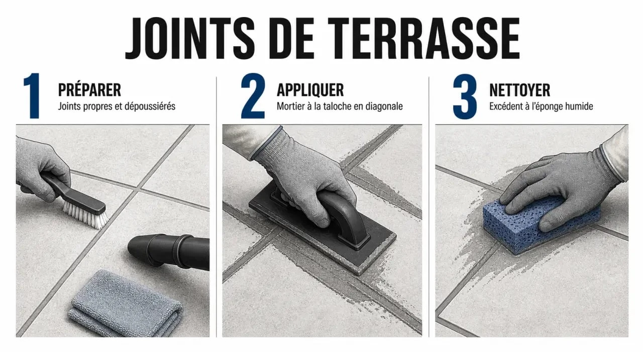 Joint terrasse exterieur : étapes de pose du mortier, lissage et nettoyage sur terrasse carrelée