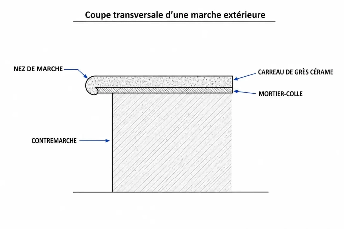 Schéma technique d'une marche d'escalier avec carrelage pour escalier extérieur