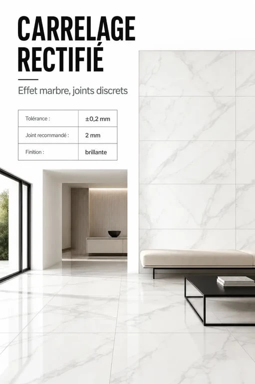 Carrelage rectifié Ceramline Elite format : rendu en intérieur avec joints discrets au sol et au mur