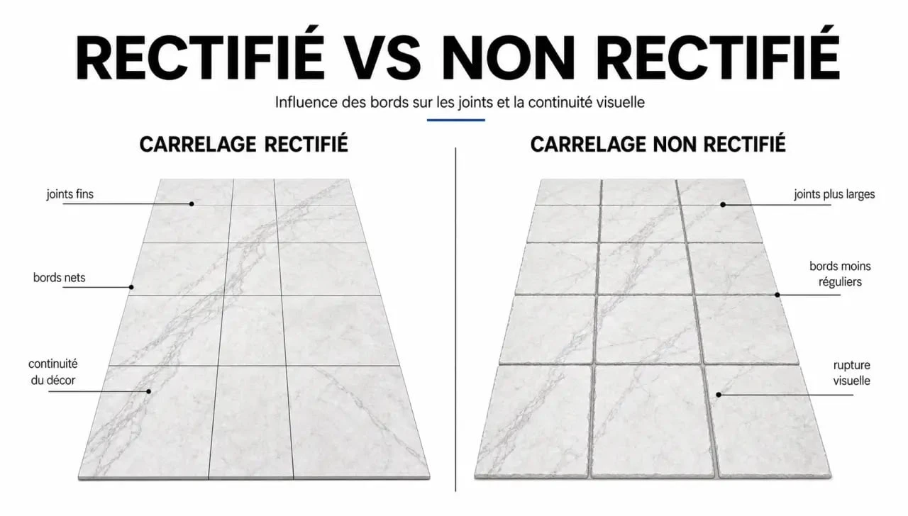 Carrelage rectifié Ceramline Elite format : comparaison visuelle entre rectifié et non rectifié