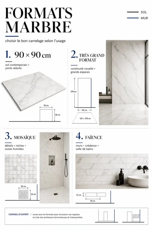 Carrelage rectifié Ceramline Elite format : panorama des formats 90 x 90, grand format, mosaïque et faïence