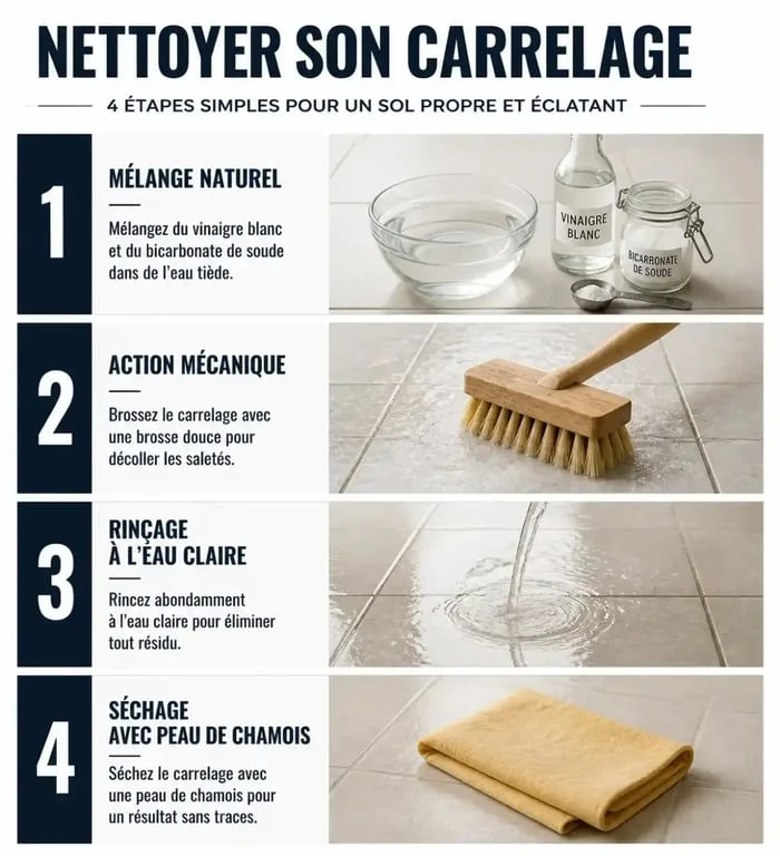 Infographie des étapes pour nettoyer du carrelage encrassé efficacement