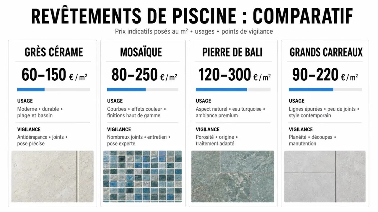 carrelage piscine prix m2 : comparatif des prix et usages selon le type de carrelage