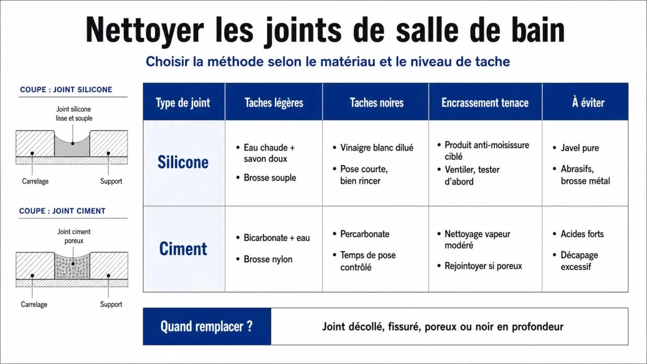 Comment nettoyer les joints salle de bain : tableau visuel selon le type de joint et le niveau de salissure