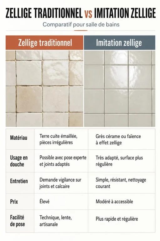 Zellige salle de bains comparatif entre zellige traditionnel et imitation zellige