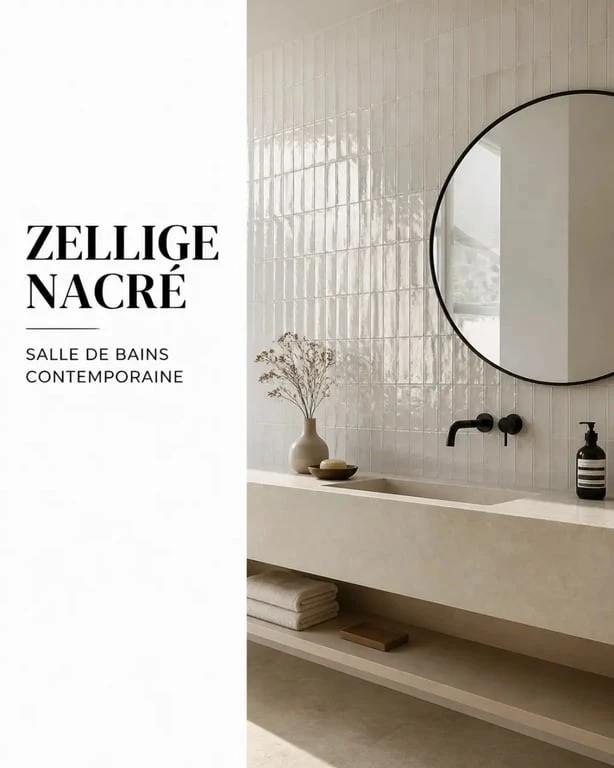 Zellige salle de bains dans une crédence de vasque blanche avec lumière naturelle et robinetterie noire