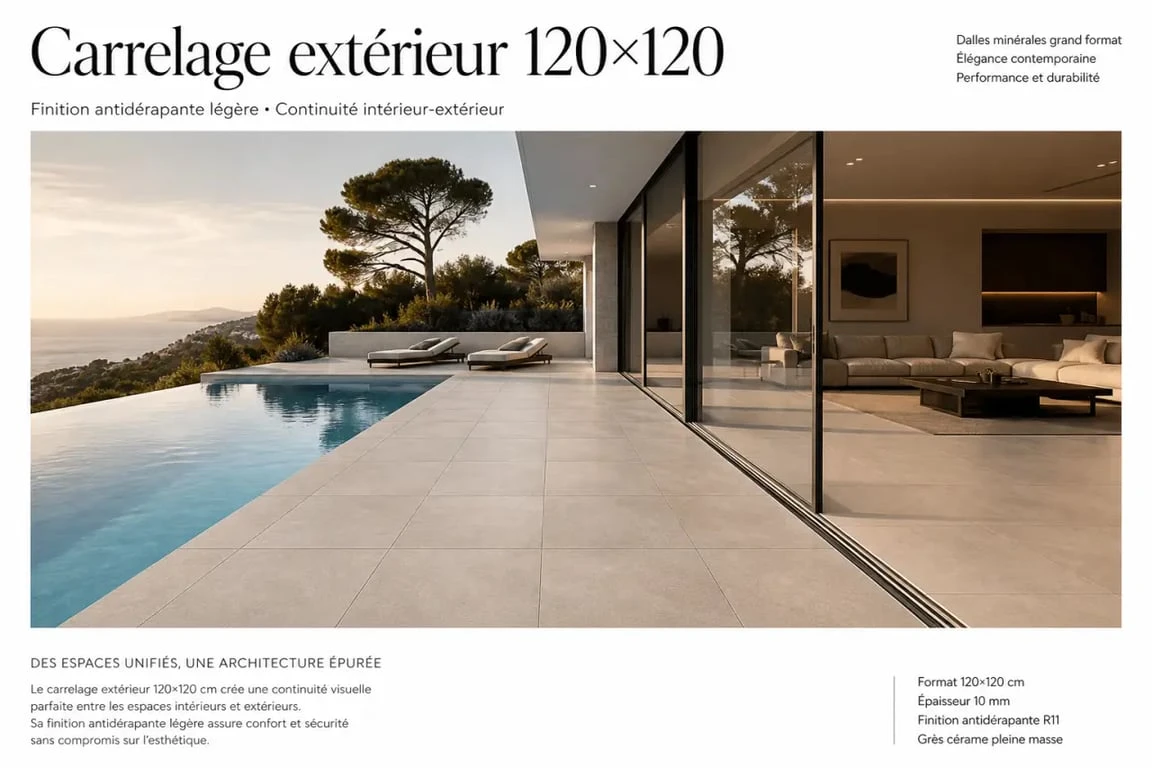 Carrelage grand format 120x120 antidérapant sur terrasse extérieure
