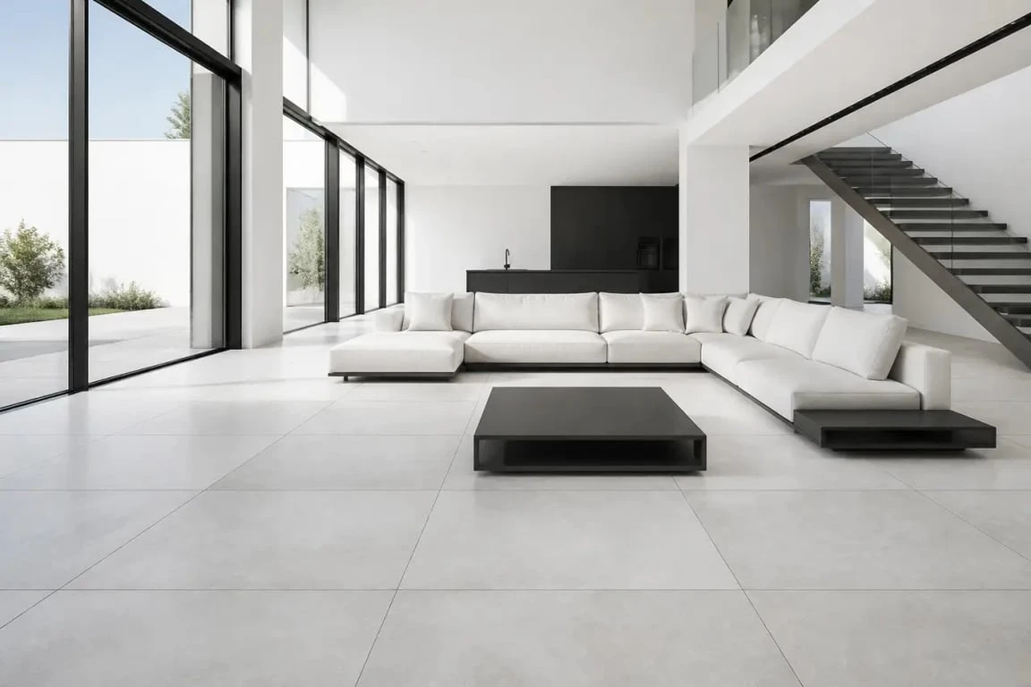 Carrelage grand format 120x120 dans un salon contemporain lumineux