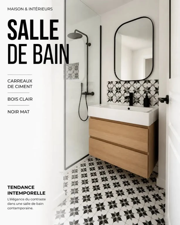 Carreaux de ciment noir et blanc dans une salle de bain avec mur ou sol graphique