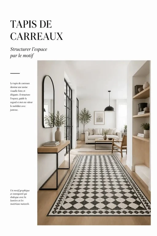 Carreaux de ciment noir et blanc dans une entrée ou un salon pour structurer l’espace