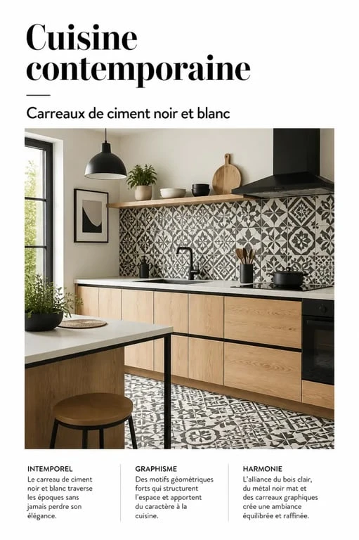 Carreaux de ciment noir et blanc dans une cuisine contemporaine avec crédence graphique et matières sobres