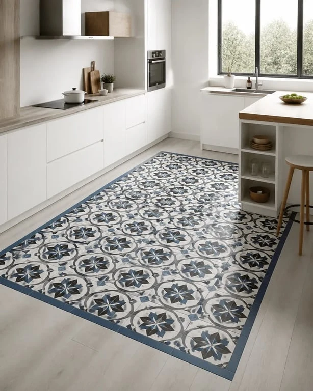 Tapis carreaux de ciment dans une cuisine lumineuse, en mise en situation décorative et pratique