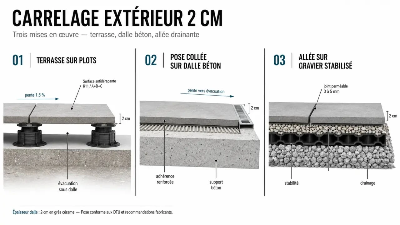 Carrelage extérieur 2 cm illustré en terrasse sur plots, pose collée et allée de jardin