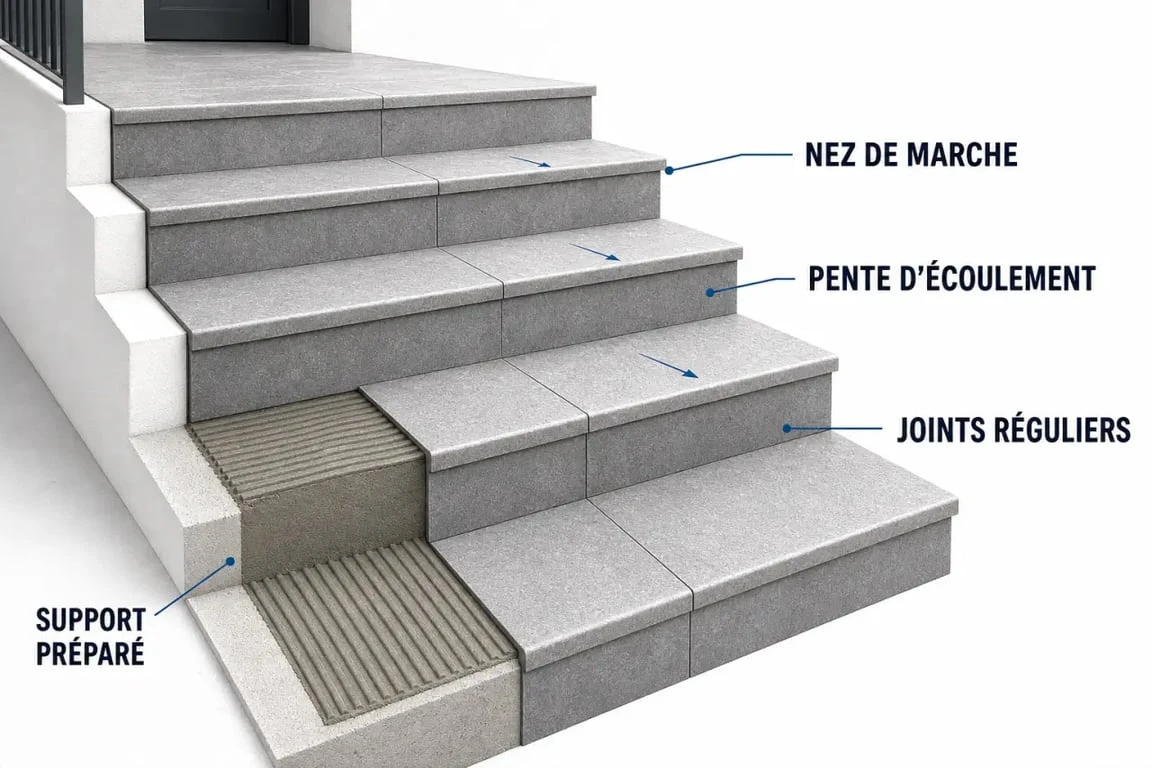 Carrelage extérieur pour escalier avec nez de marche antidérapant et pente d’écoulement