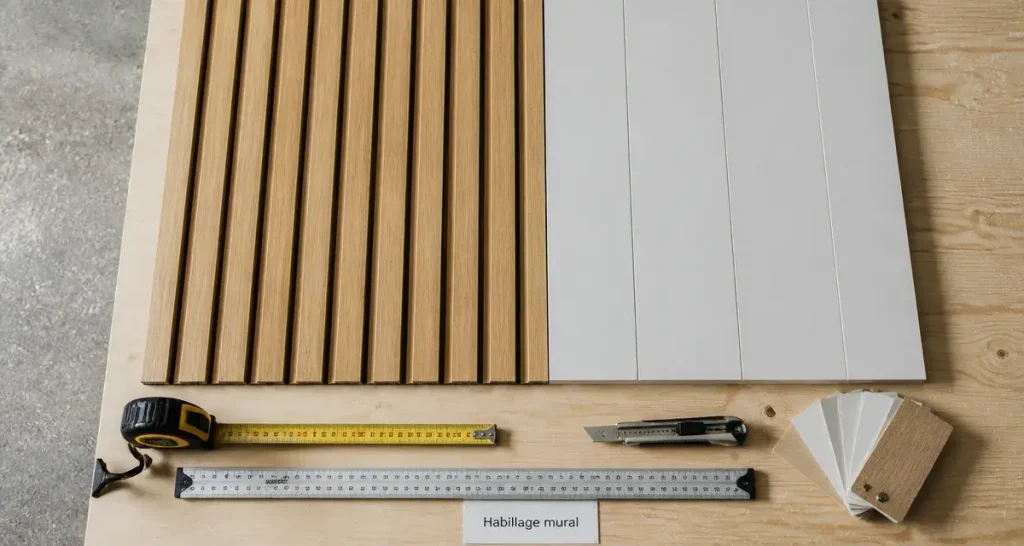 Habillage mur interieur moderne : lattes bois et panneau PVC