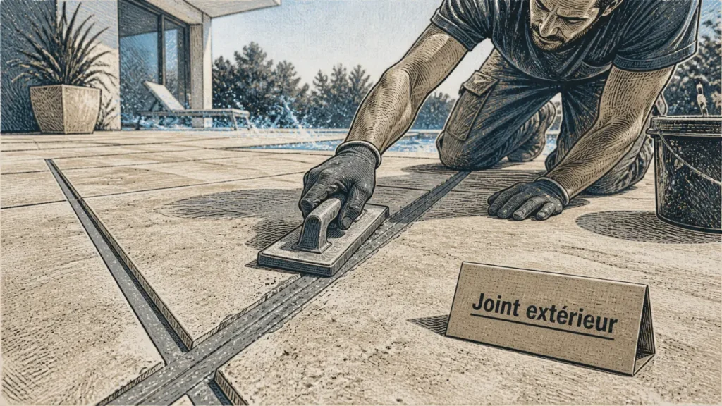 joint de carrelage exterieur rempli : terrasse en dalles, joint 5 mm minimum