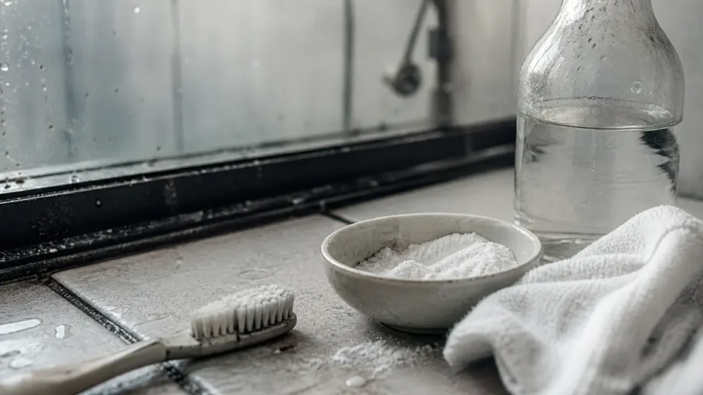 Joints salle de bain noircis, produits comme bicarbonate et vinaigre pour nettoyer et remplacer