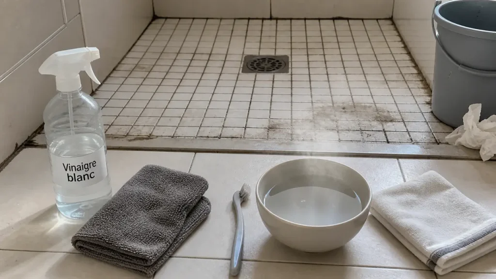 Nettoyage carrelage salle de bain au vinaigre blanc et brosse à joints calcaires
