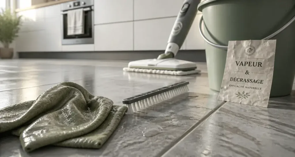 Nettoyer du carrelage encrassé : balai vapeur, chamois humide, traces sur coulis