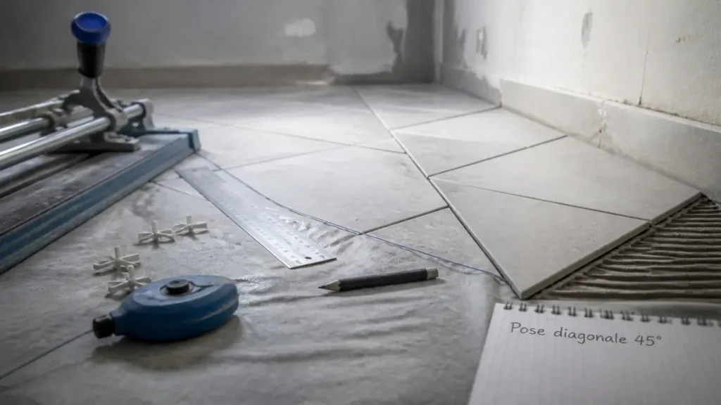 Poser du carrelage en diagonale 45° : départ au centre, coupes à 45°